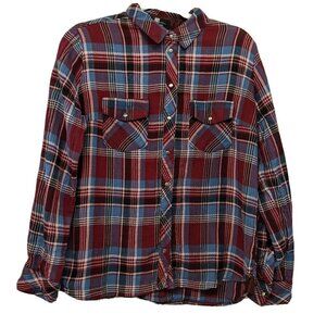 KUT from the Kloth Snap Button Up Shirt Women's Sz Medium Maroon Blue Plaid
